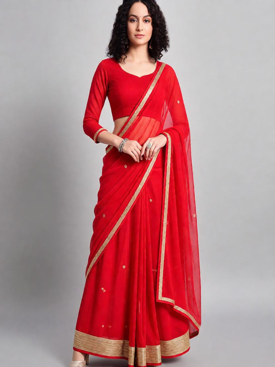 Adaa Bazaar Women's Red Ready-To-Wear Saree with stitched blouse