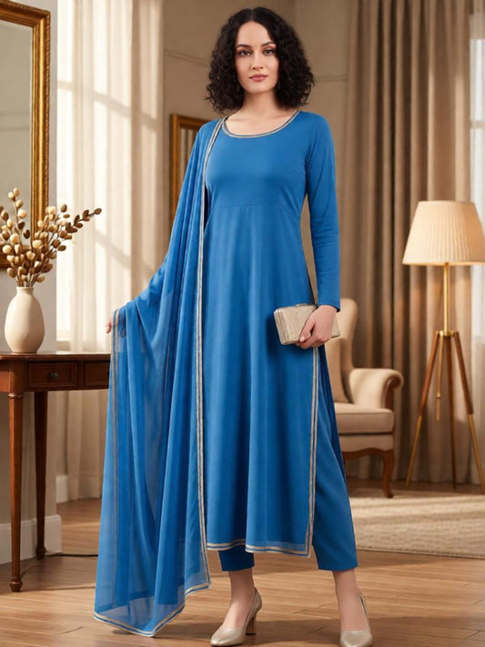 Adaa Bazaar Women's Royal Blue Faux Georgette Lace Work Pant Suit