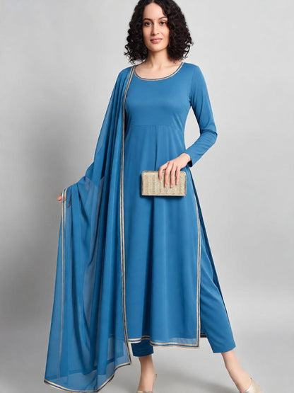 Adaa Bazaar Women's Royal Blue Faux Georgette Lace Work Pant Suit