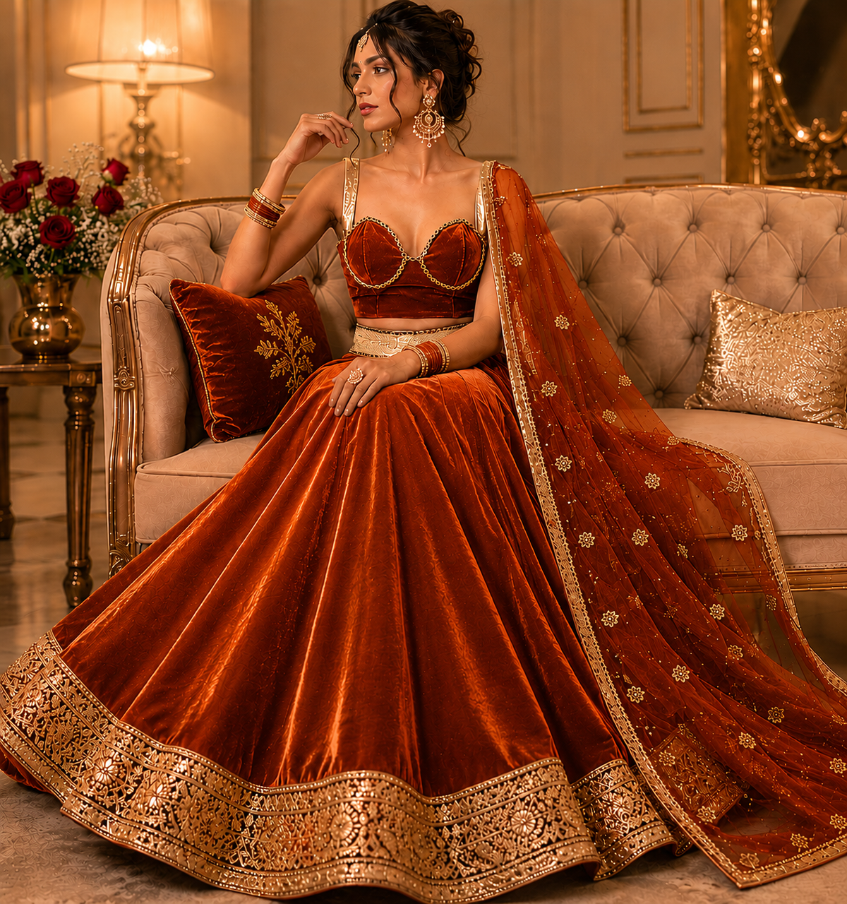 Adaa Bazaar Women’s Designer Velvet Lehenga Choli Set with Dupatta