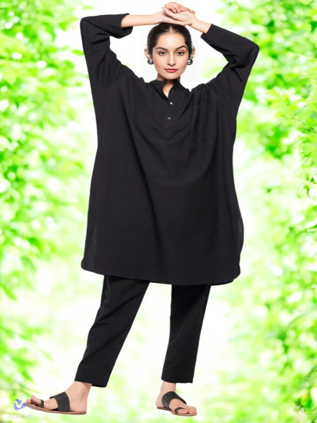 Adaa Bazaar Women's Black Long Sleeves With Smart Cut Straight Kurta With Tonal Solid Bottom