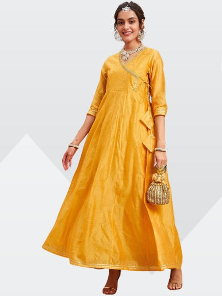 Adaa Bazaar Women's Angrakha Chanderi Silk Anarkali Kurta | Yellow Yoke | Design Embroidered