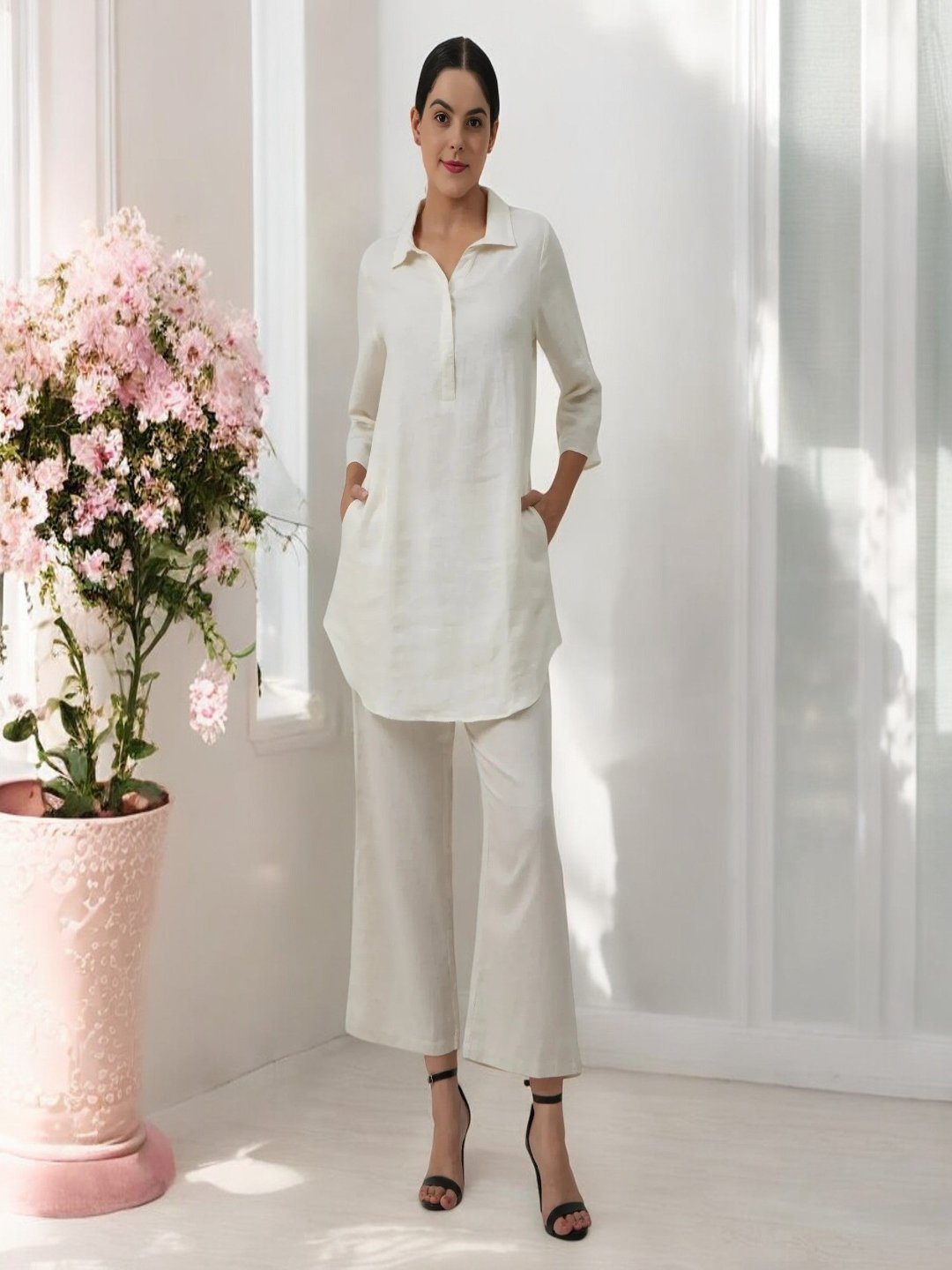 Adaa Bazaar Women's  White Colour Tunic & Pants Skipper Collar