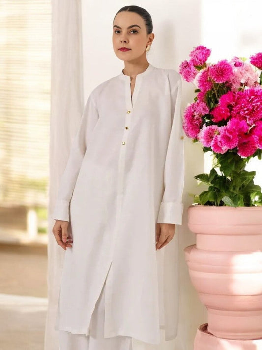 Adaa Bazaar Women's White Long Sleeves With Smart Cut Straight Kurta With Tonal Solid Bottom