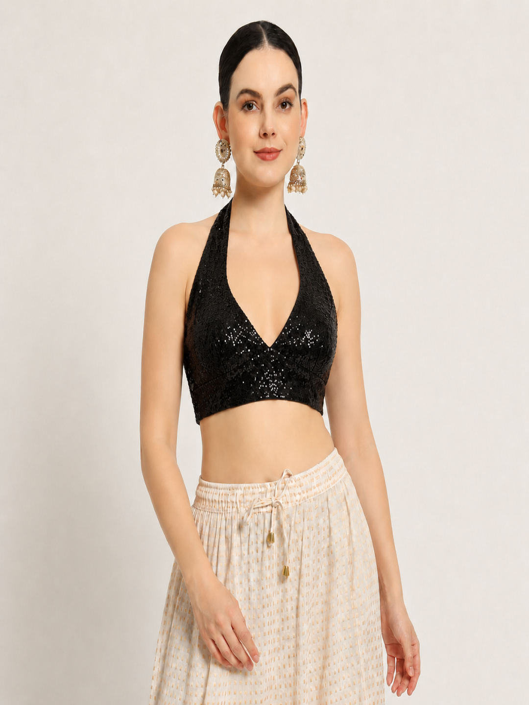 Adaa Bazaar Sequins Party Wear Cut Sleeves Stitched holter neck Blouse