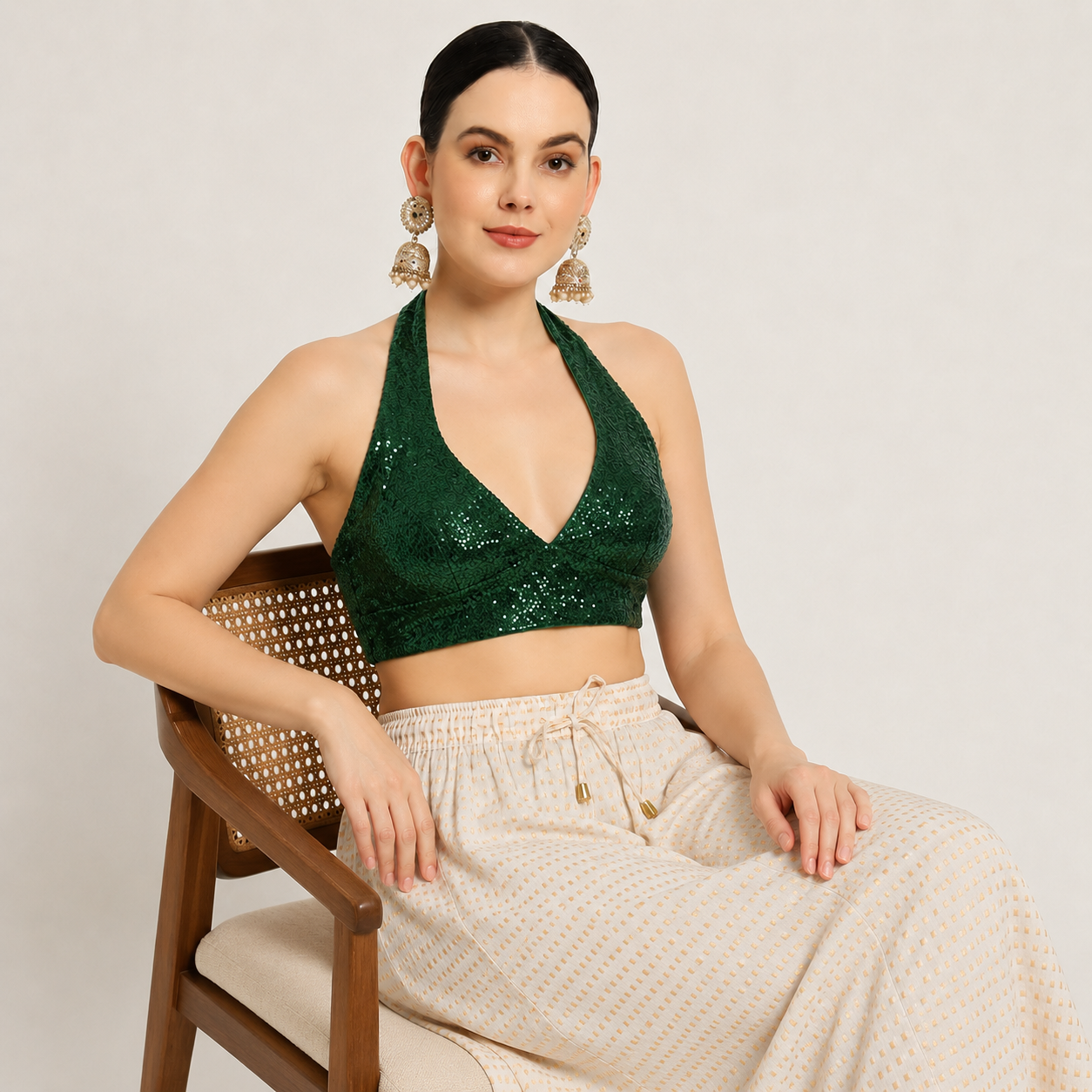Adaa Bazaar Sequins Party Wear Cut Sleeves Stitched holter neck Blouse