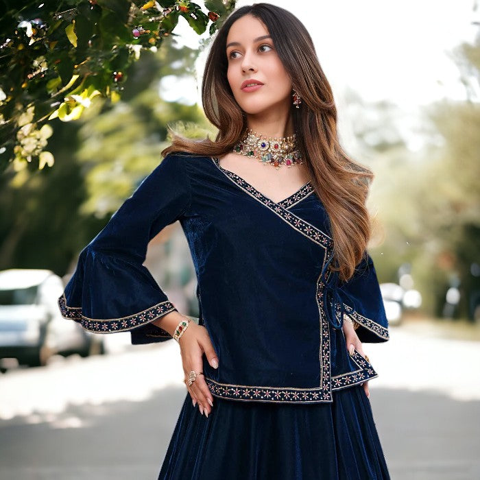 Adaa Bazaar Women's Blue Velvet Lehenga Set