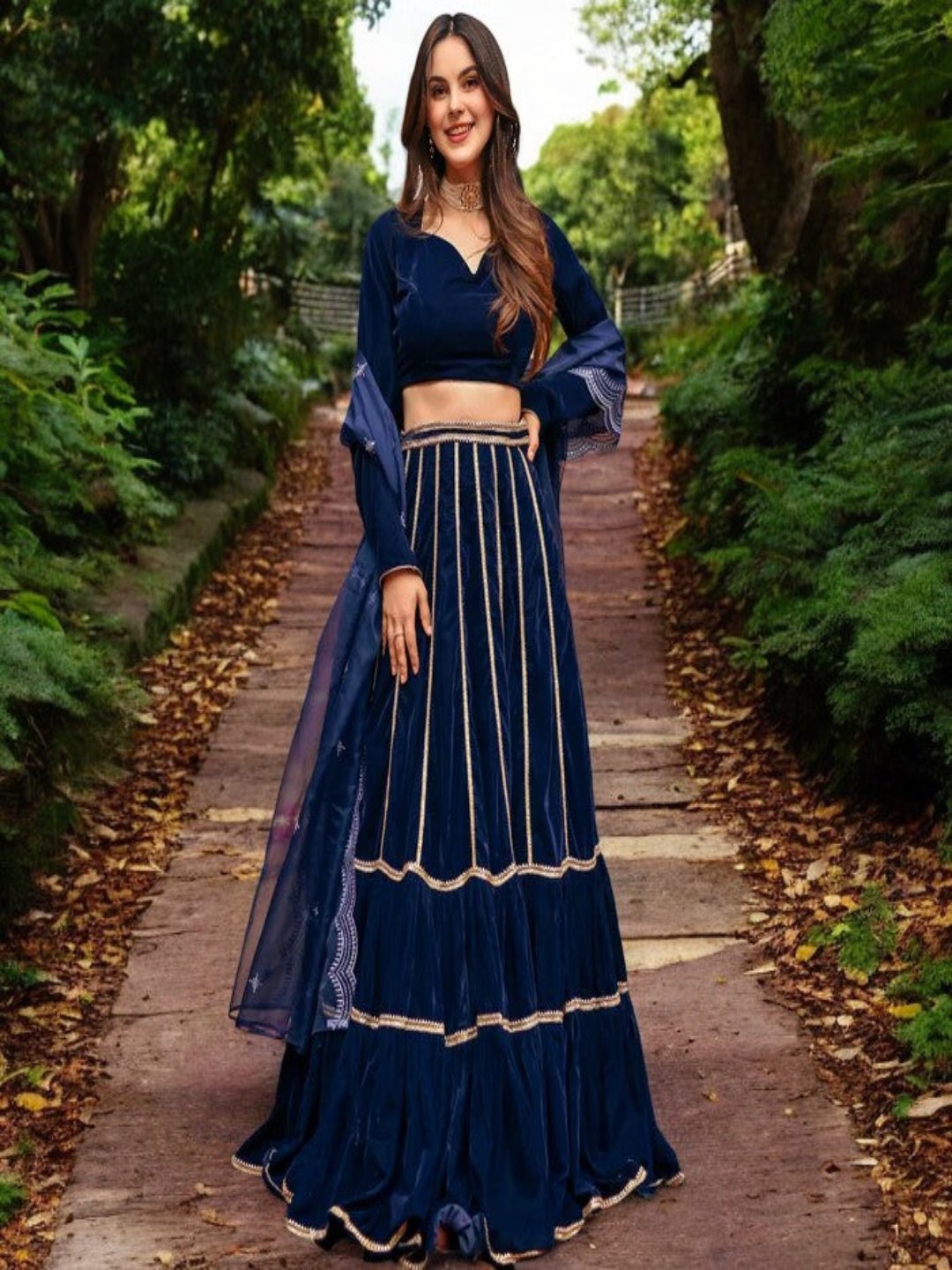 Adaa Bazaar Women's Blue Velvet Lehenga Set With Gotta Patti Work