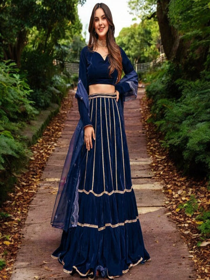 Adaa Bazaar Women's Blue Velvet Lehenga Set With Gotta Patti Work