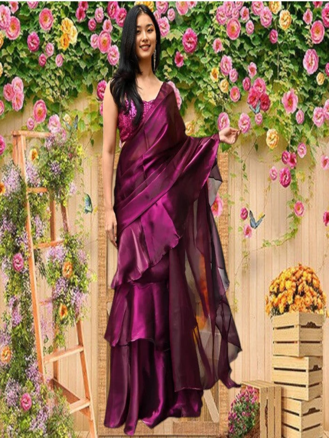 Adaa Bazaar Women's Indo-Western Ready to Wear Saree With Stitched Blouse