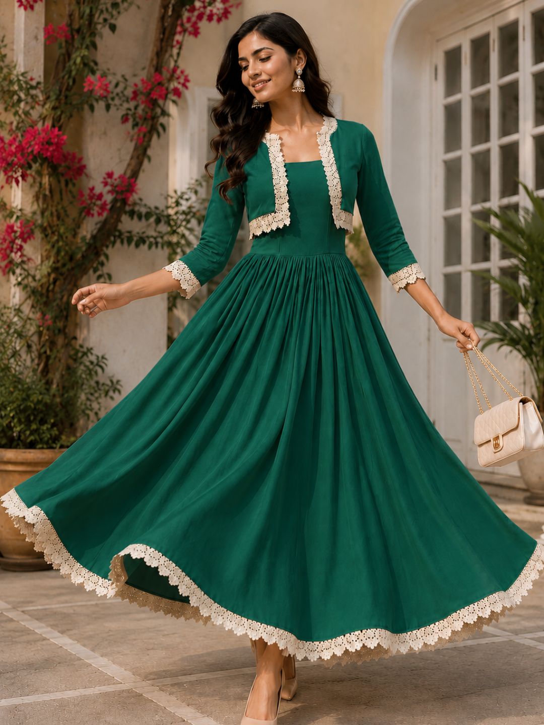 COTTON CAMBRIC DRESS WITH CALF LENGTH AND  HALF JACKET
