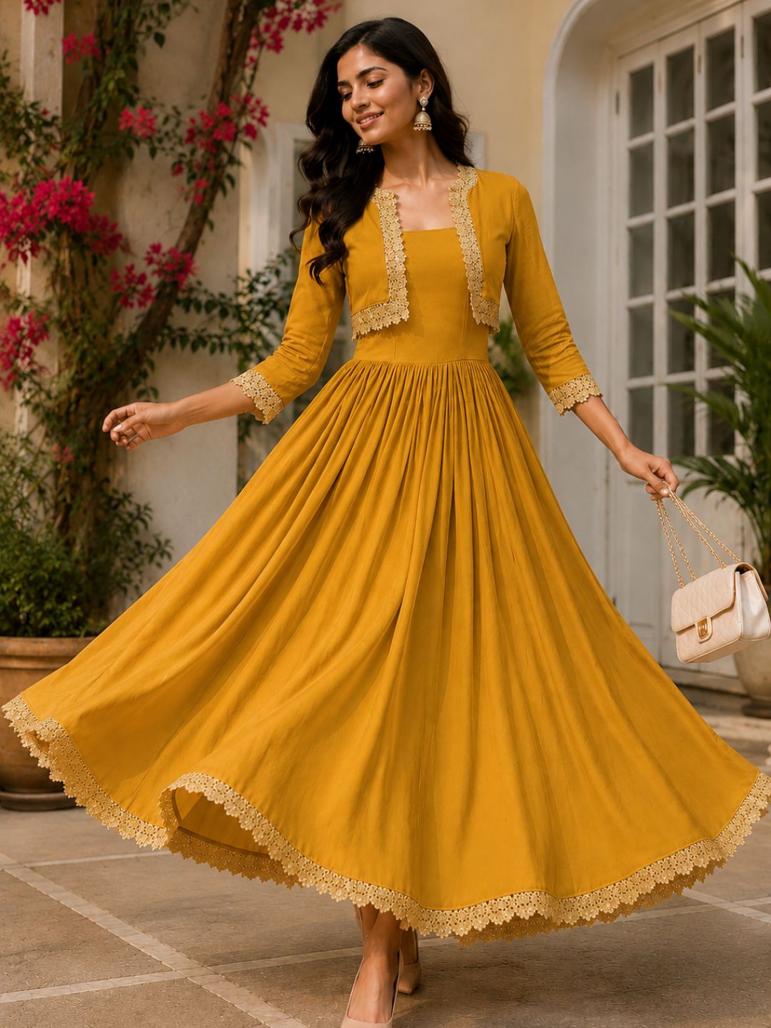 COTTON CAMBRIC DRESS WITH CALF LENGTH AND  HALF JACKET