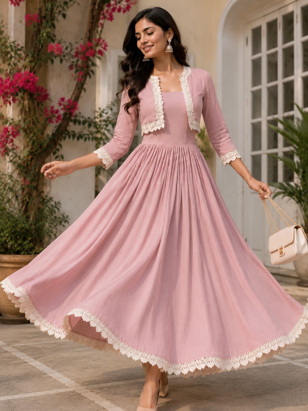 COTTON CAMBRIC DRESS WITH CALF LENGTH AND  HALF JACKET