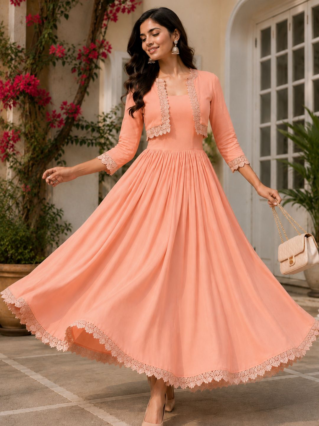 COTTON CAMBRIC DRESS WITH CALF LENGTH AND  HALF JACKET