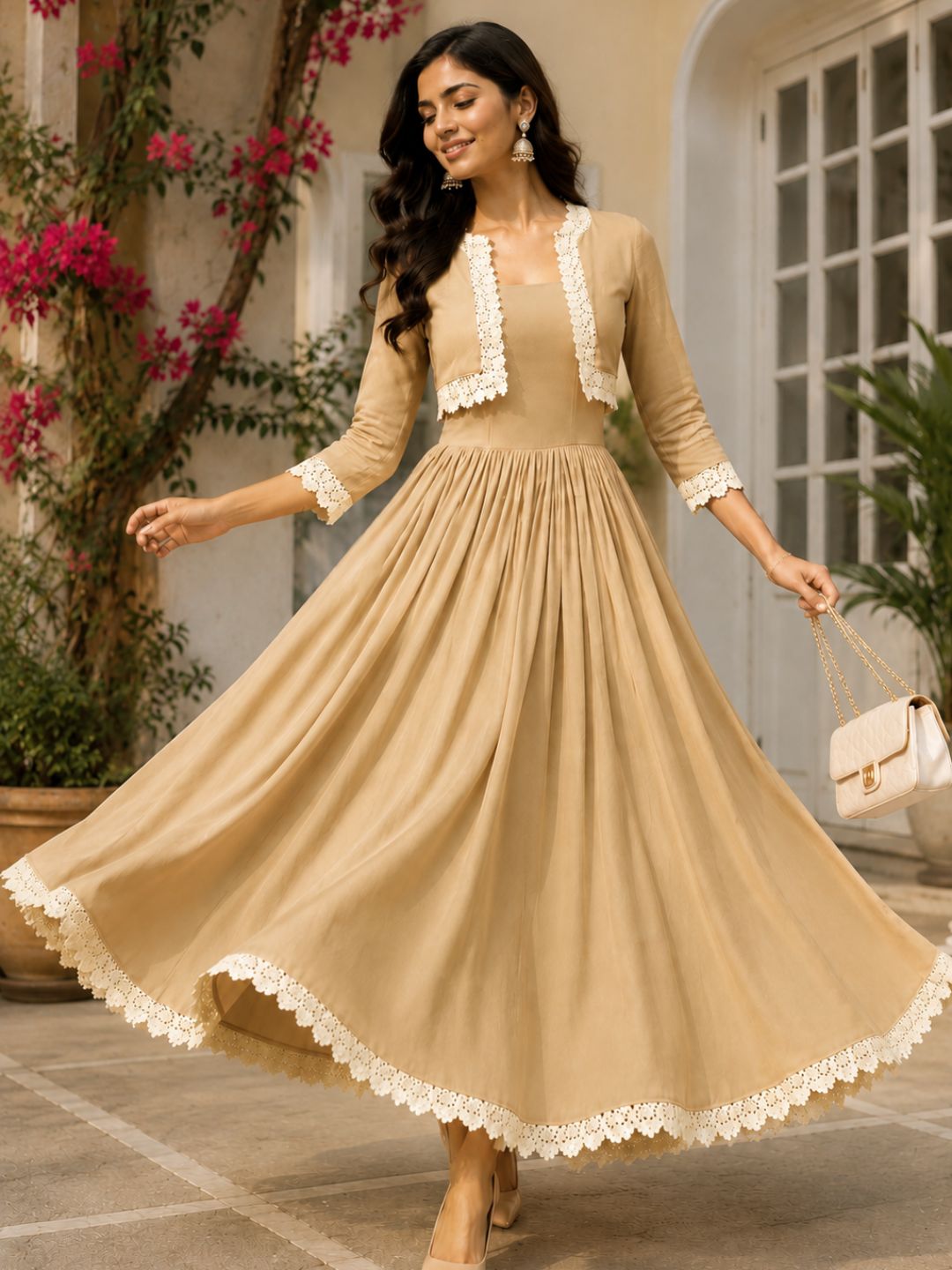 COTTON CAMBRIC DRESS WITH CALF LENGTH AND  HALF JACKET