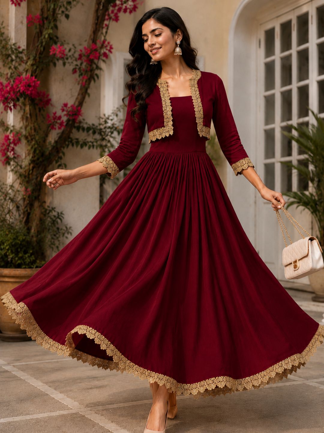 COTTON CAMBRIC DRESS WITH CALF LENGTH AND  HALF JACKET