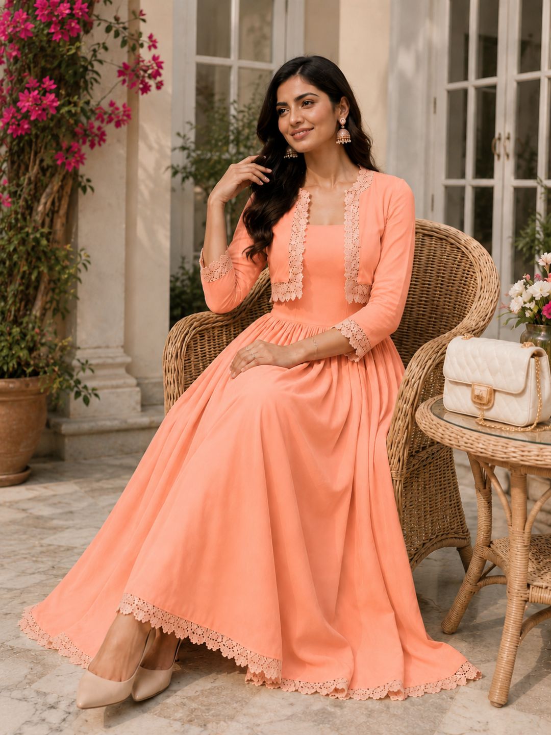 COTTON CAMBRIC DRESS WITH CALF LENGTH AND  HALF JACKET