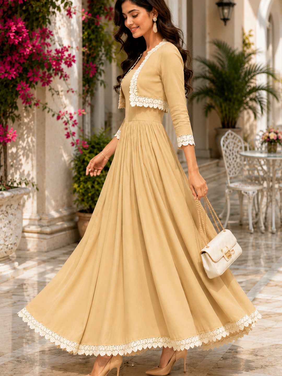 COTTON CAMBRIC DRESS WITH CALF LENGTH AND  HALF JACKET