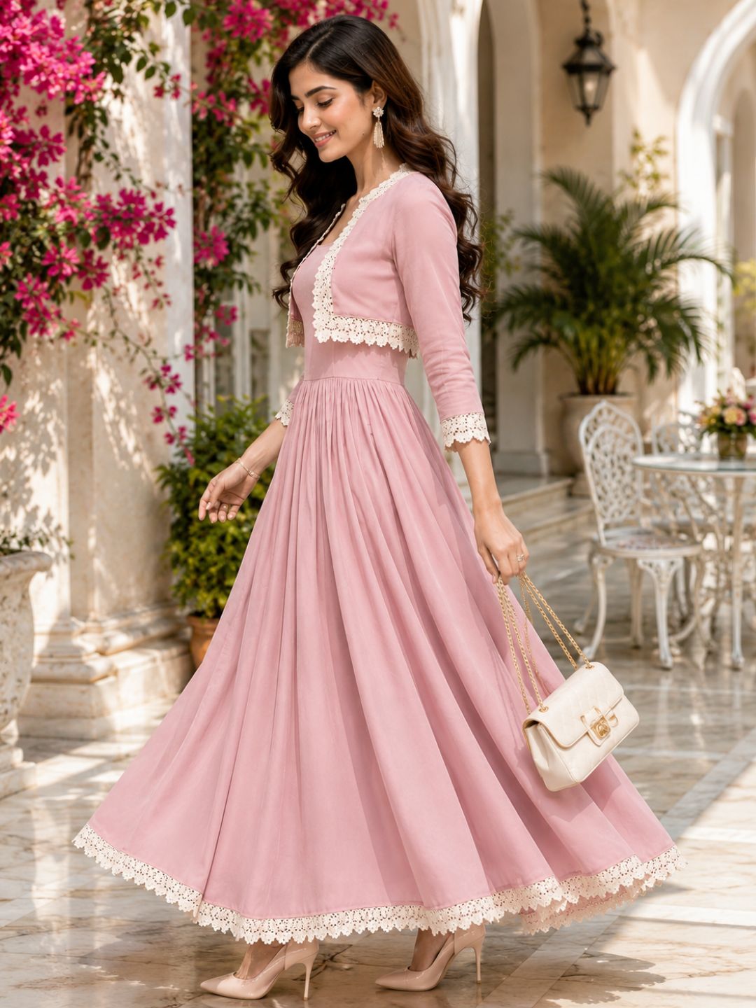 COTTON CAMBRIC DRESS WITH CALF LENGTH AND  HALF JACKET