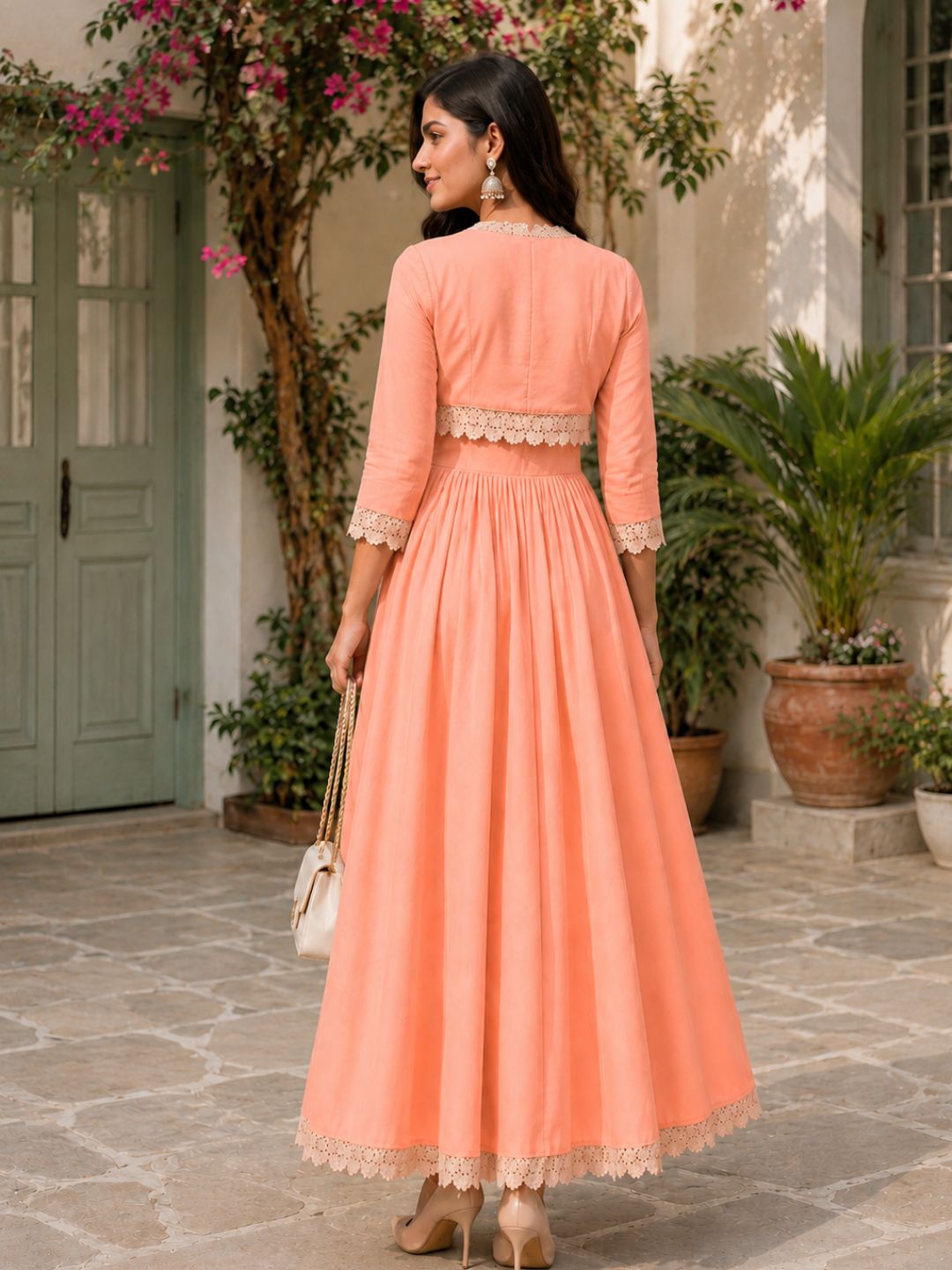COTTON CAMBRIC DRESS WITH CALF LENGTH AND  HALF JACKET