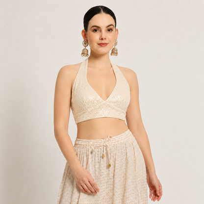 Adaa Bazaar Sequins Party Wear Cut Sleeves Stitched holter neck Blouse