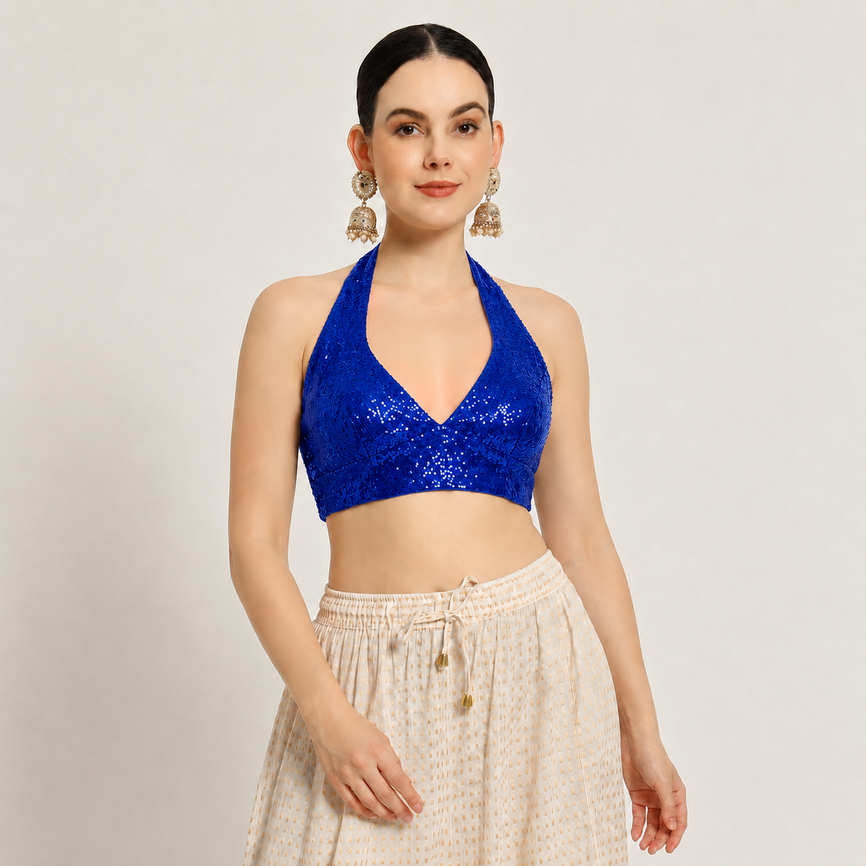 Adaa Bazaar Sequins Party Wear Cut Sleeves Stitched holter neck Blouse