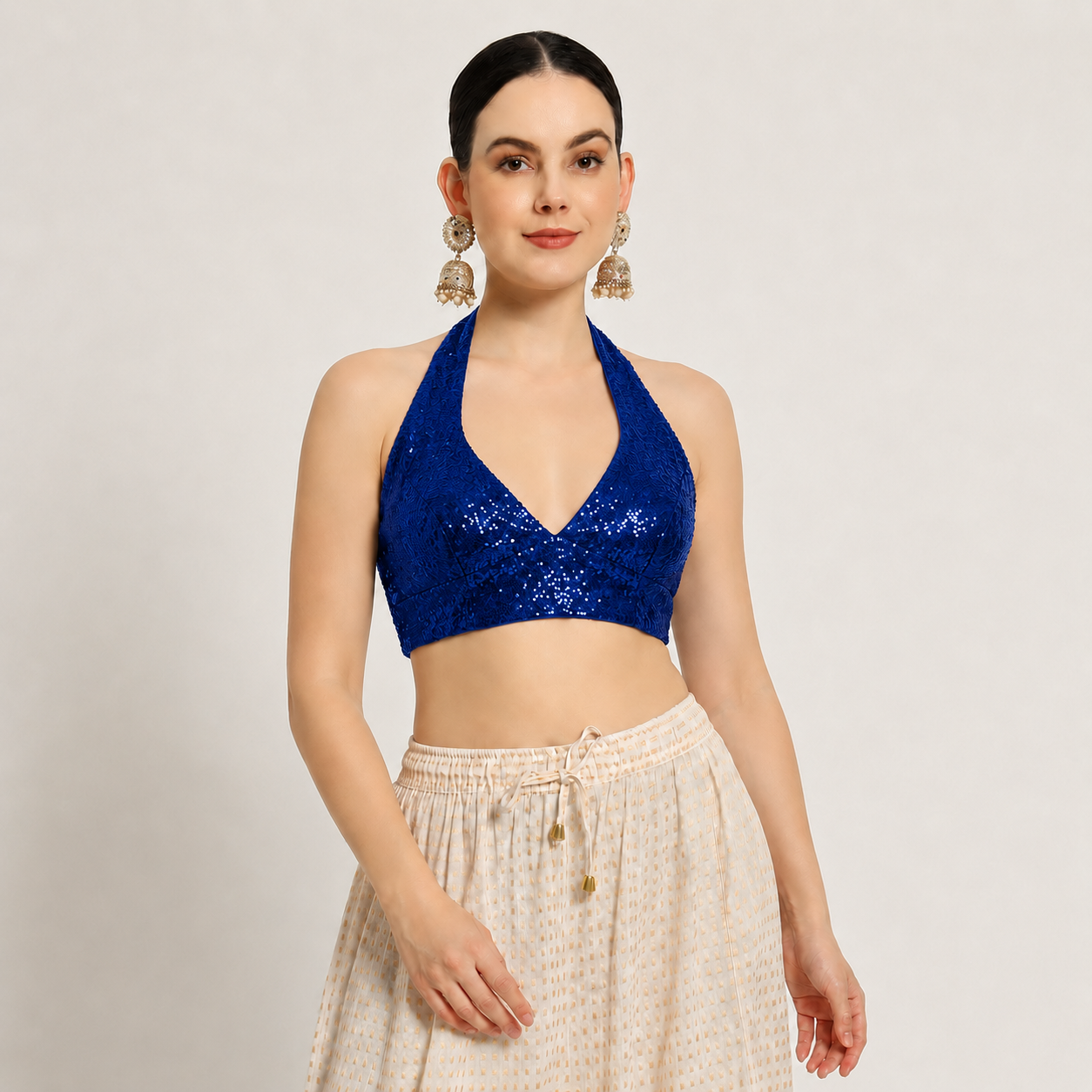 Adaa Bazaar Sequins Party Wear Cut Sleeves Stitched holter neck Blouse