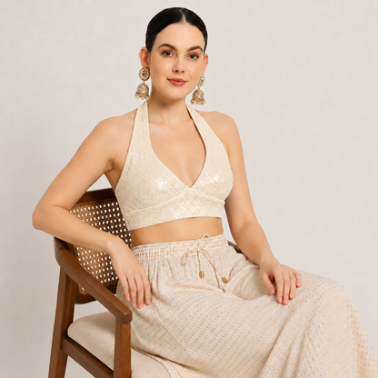 Adaa Bazaar Sequins Party Wear Cut Sleeves Stitched holter neck Blouse
