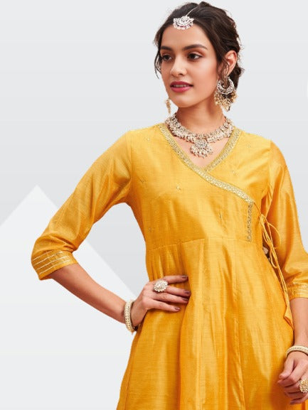 Adaa Bazaar Women's Angrakha Chanderi Silk Anarkali Kurta | Yellow Yoke | Design Embroidered