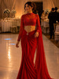 Adaa Bazaar Designer Georgette Drape Skirt Set with Embellished High Neck Full Sleeve Blouse & Dupatta