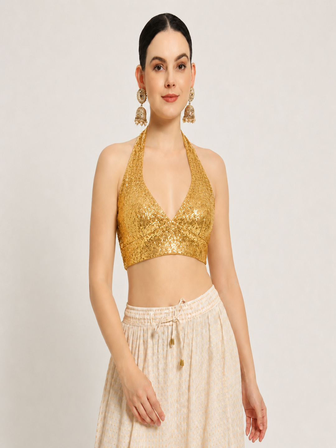 Adaa Bazaar Sequins Party Wear Cut Sleeves Stitched holter neck Blouse
