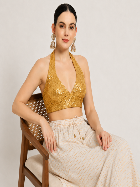 Adaa Bazaar Sequins Party Wear Cut Sleeves Stitched holter neck Blouse