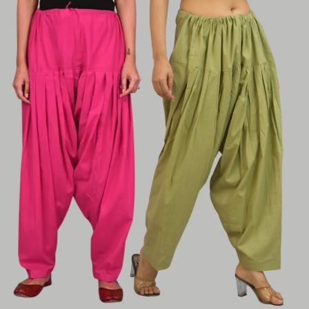 Adaa Bazaar Women's Cotton Patiala Salwar Olive Green and Magenta Pink