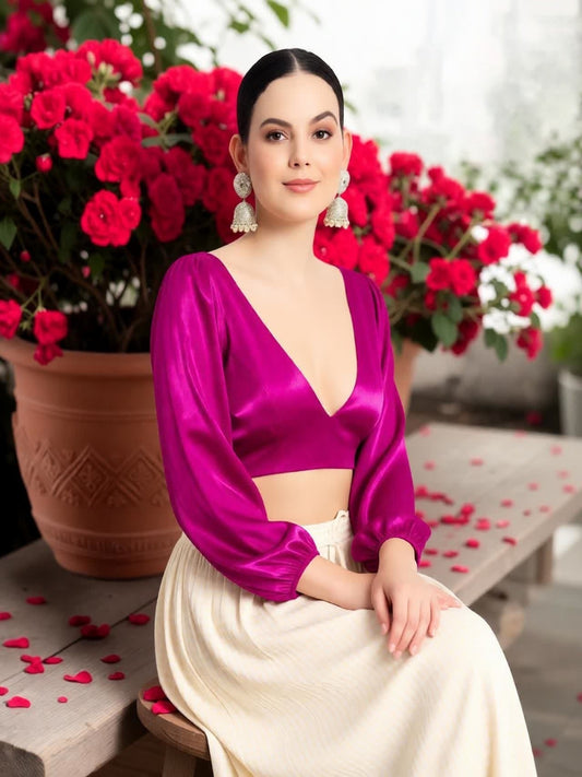 Magenta V neck full sleevs Blouse with organza fabric