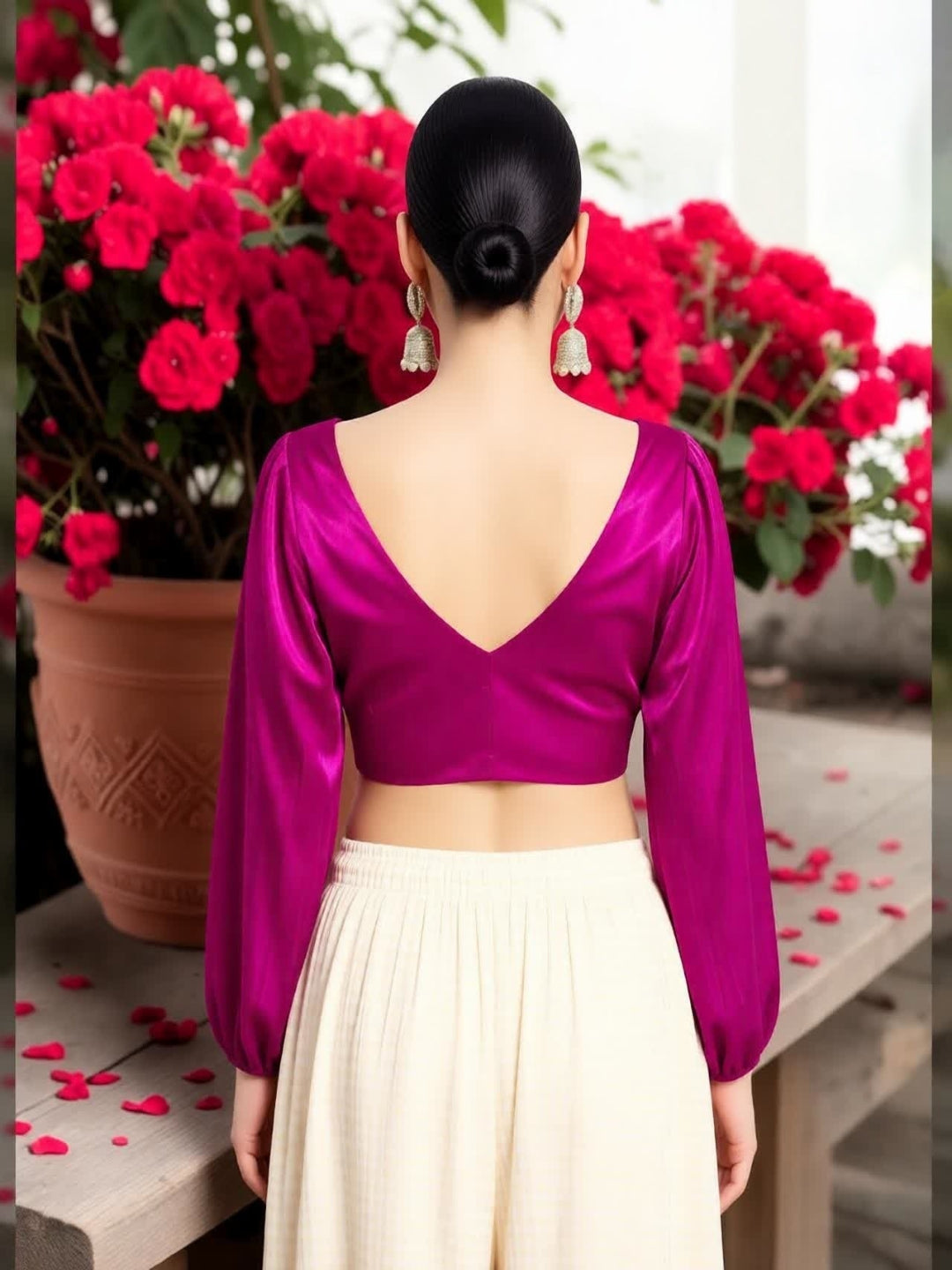 Magenta V neck full sleevs Blouse with organza fabric