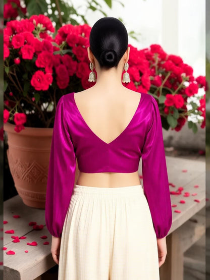 Magenta V neck full sleevs Blouse with organza fabric