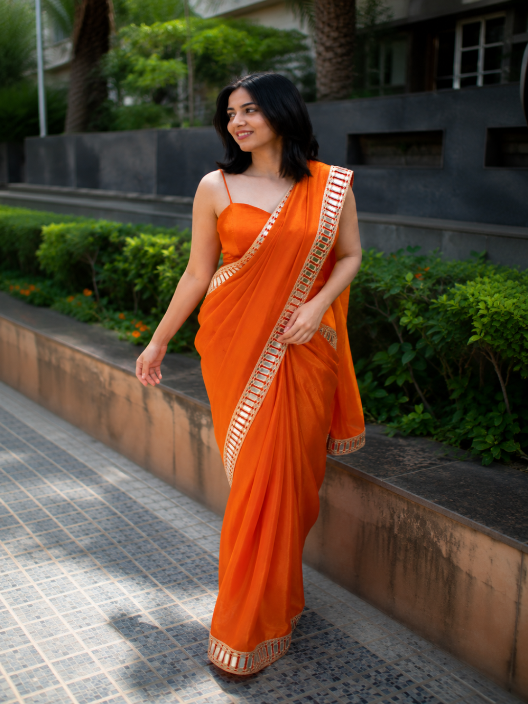 Adaa Bazaar Women's Partywear Silk Saree with Real Mirror Work Border & Designer Blouse