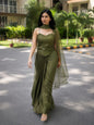Adaa Designer Organza Drape Skirt with Sweetheart Neck Corset Blouse & Organza Dupatta