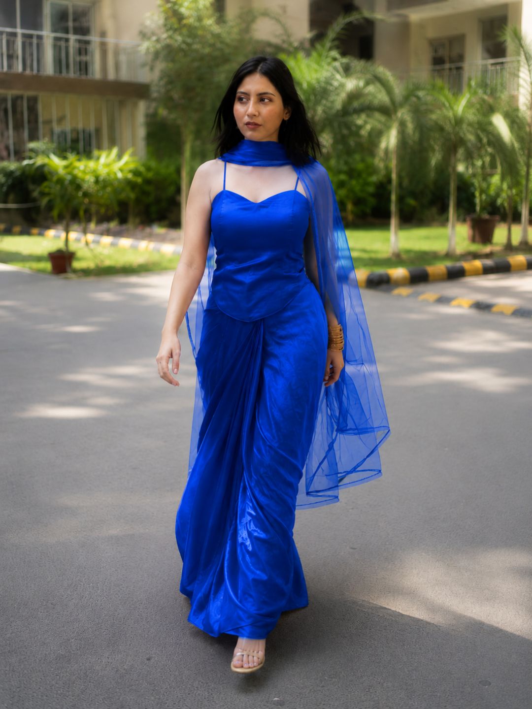 Adaa Designer Organza Drape Skirt with Sweetheart Neck Corset Blouse & Organza Dupatta