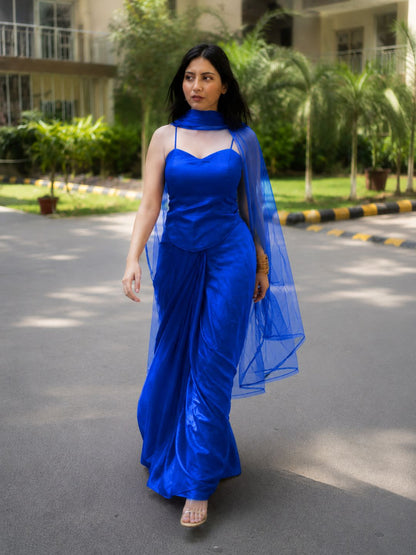 Adaa Designer Organza Drape Skirt with Sweetheart Neck Corset Blouse & Organza Dupatta