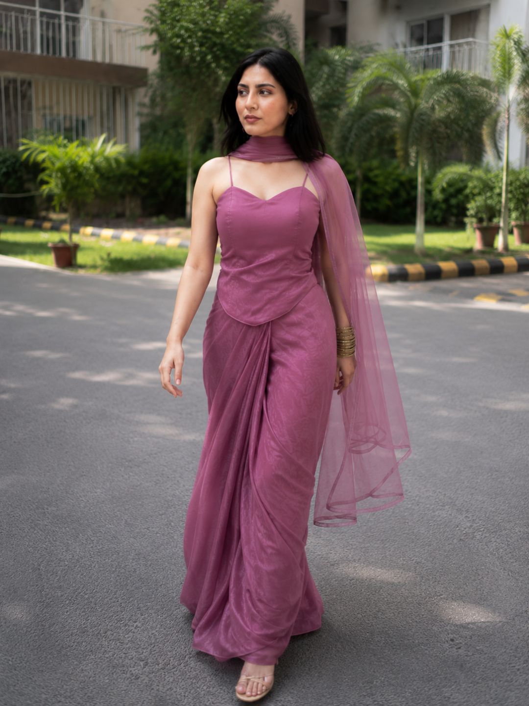 Adaa Designer Organza Drape Skirt with Sweetheart Neck Corset Blouse & Organza Dupatta