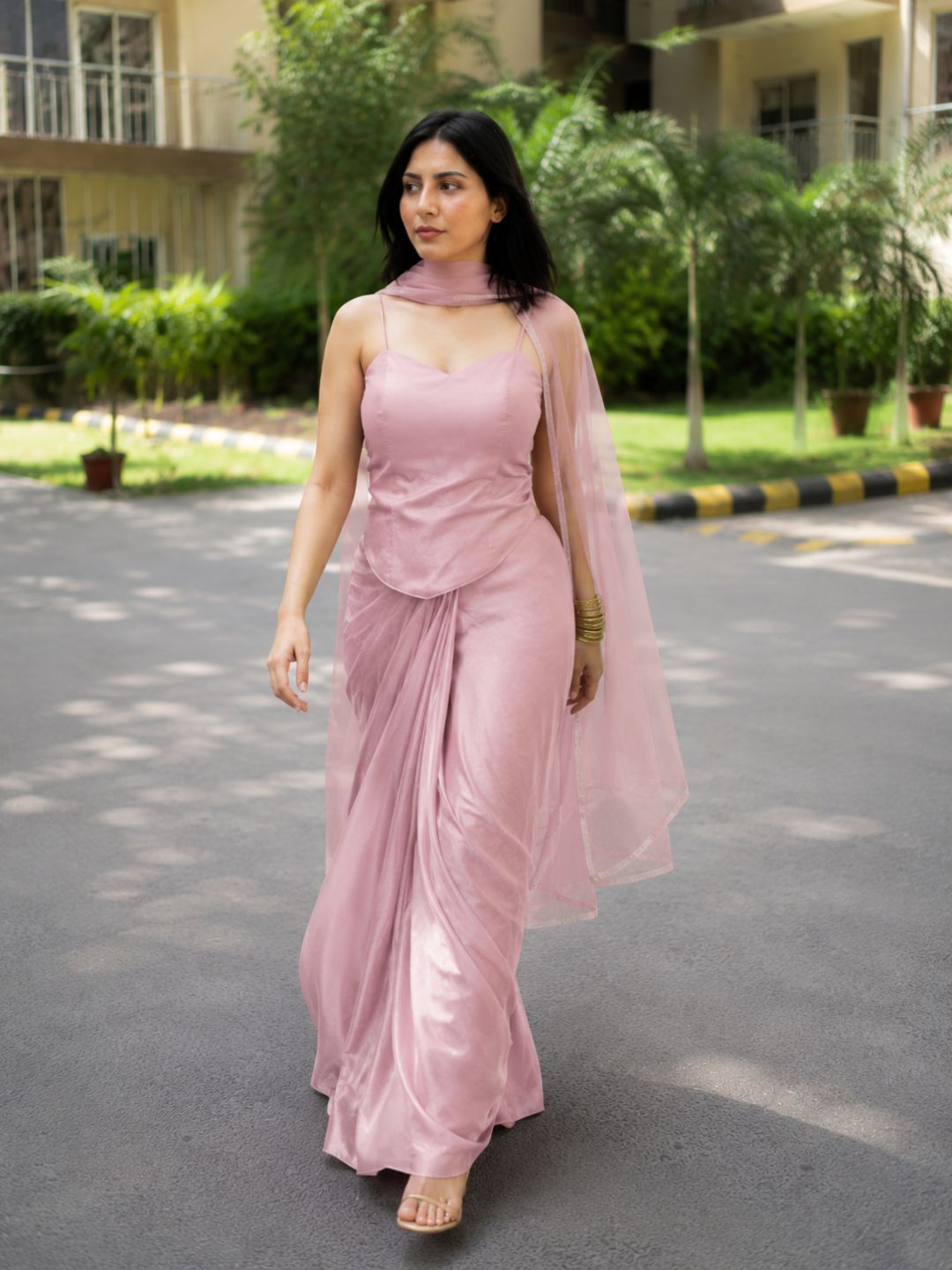 Adaa Designer Organza Drape Skirt with Sweetheart Neck Corset Blouse & Organza Dupatta