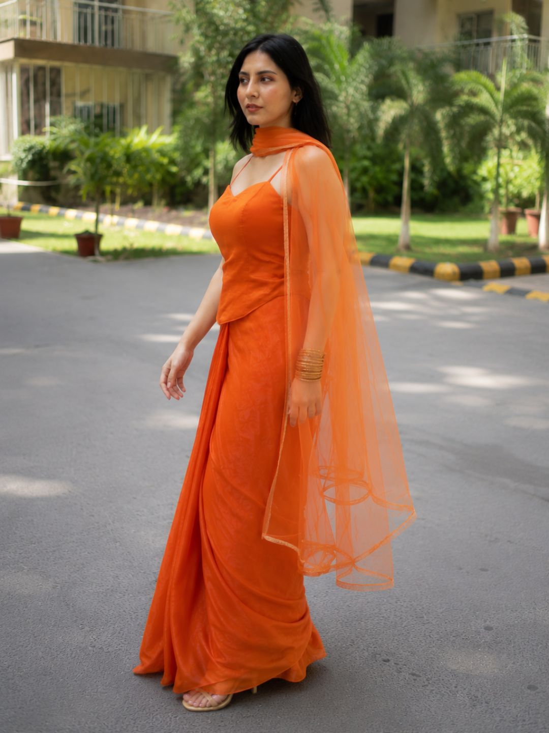 Adaa Designer Organza Drape Skirt with Sweetheart Neck Corset Blouse & Organza Dupatta