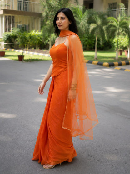 Adaa Designer Organza Drape Skirt with Sweetheart Neck Corset Blouse & Organza Dupatta