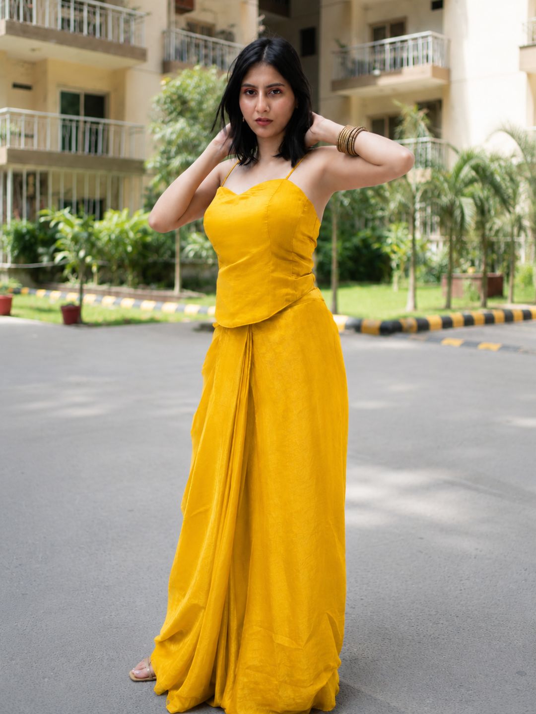 Adaa Designer Organza Drape Skirt with Sweetheart Neck Corset Blouse & Organza Dupatta