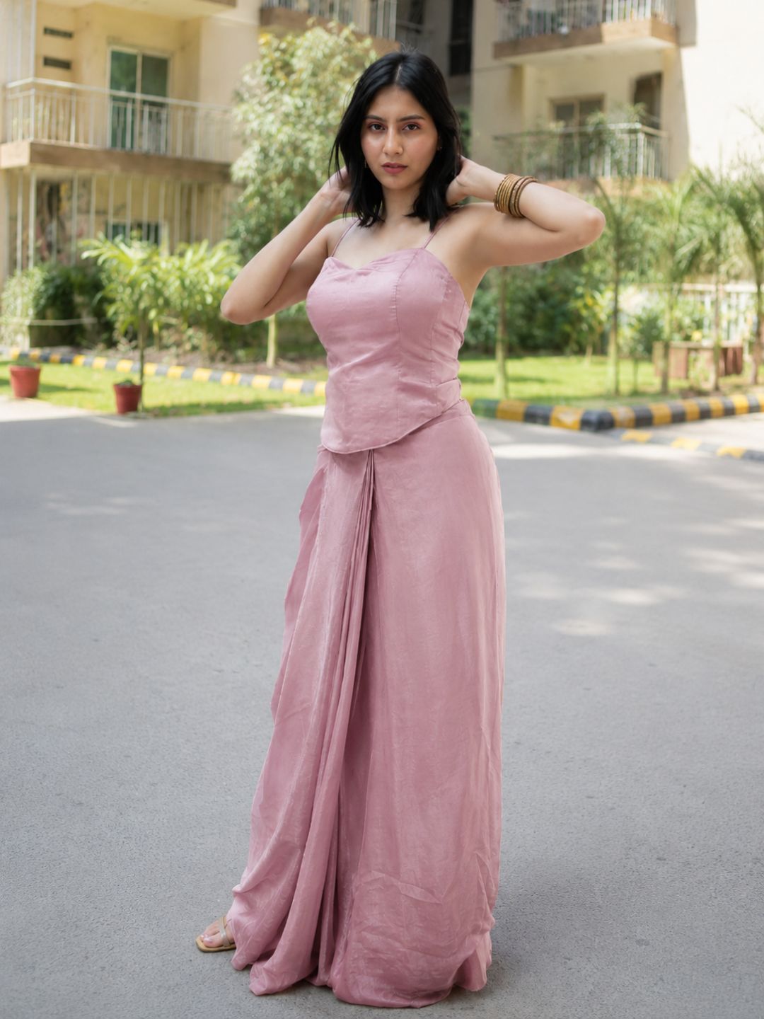 Adaa Designer Organza Drape Skirt with Sweetheart Neck Corset Blouse & Organza Dupatta
