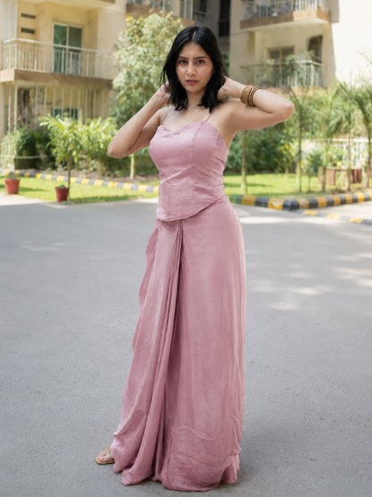 Adaa Designer Organza Drape Skirt with Sweetheart Neck Corset Blouse & Organza Dupatta
