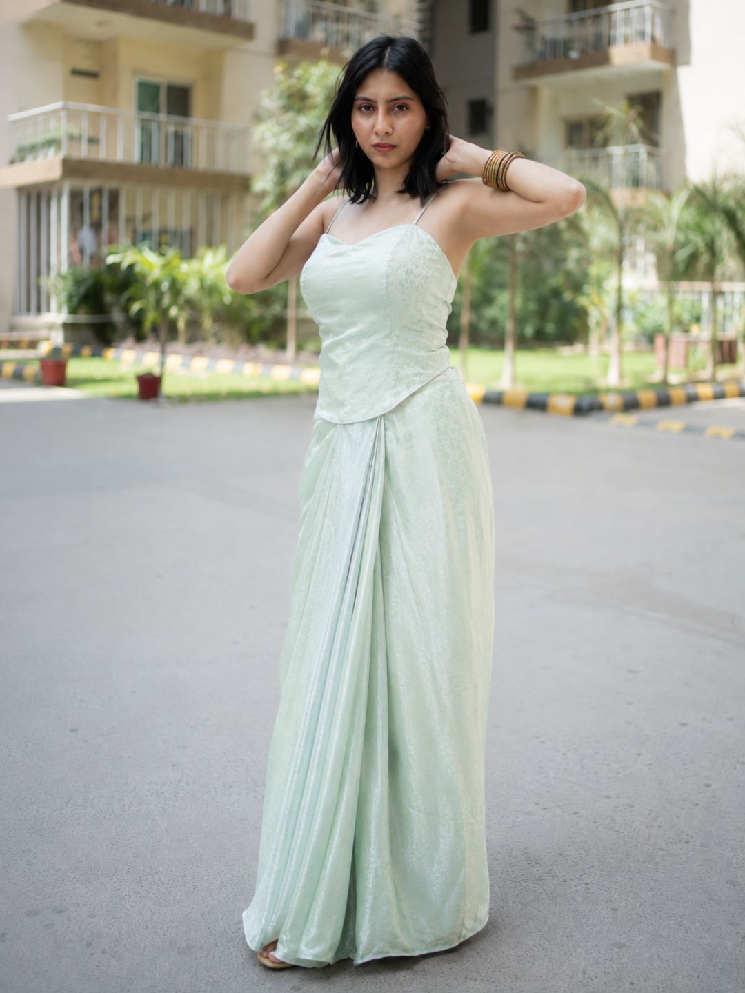 Adaa Designer Organza Drape Skirt with Sweetheart Neck Corset Blouse & Organza Dupatta