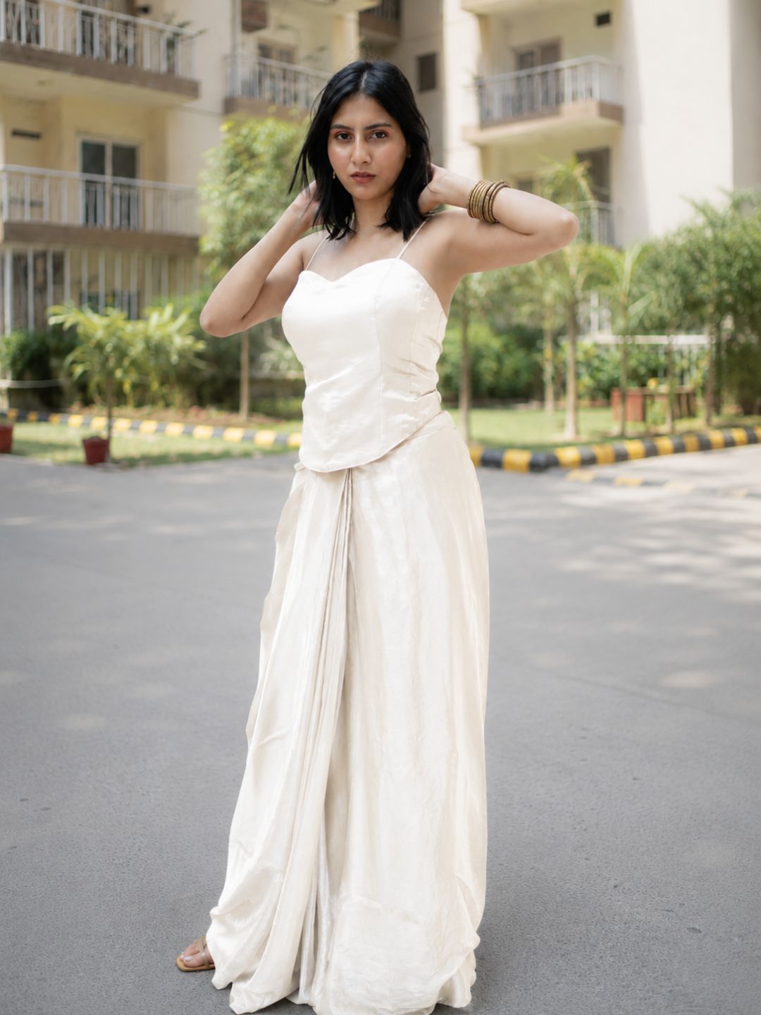 Adaa Designer Organza Drape Skirt with Sweetheart Neck Corset Blouse & Organza Dupatta