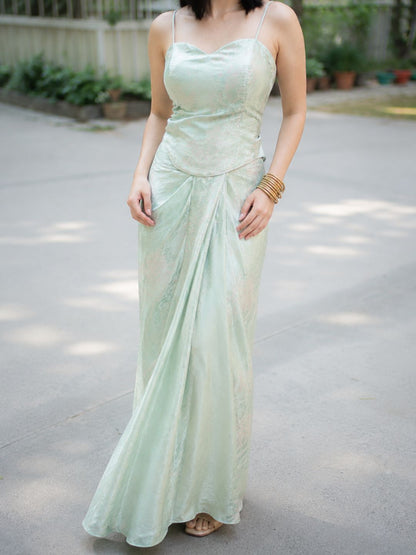 Adaa Designer Organza Drape Skirt with Sweetheart Neck Corset Blouse & Organza Dupatta